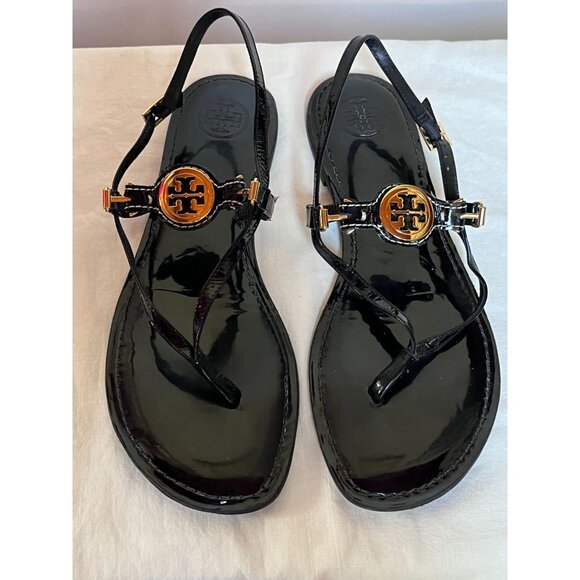 Tory Burch Shoes - Tory Burch Ali-Anteka Black Patent Leather Thong Sandals Gold Hardware Size 9.5